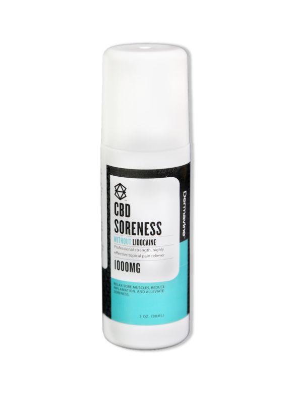 CBD pain relief and muscle soreness roll on without lidocaine (the stuff that makes your skin feel like it's burning in a good way). in a blue and black container and a white background.
