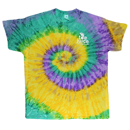 Yellow, green and purple tie dye shirt with Toe Juice Skin Care logo on the right chest. 