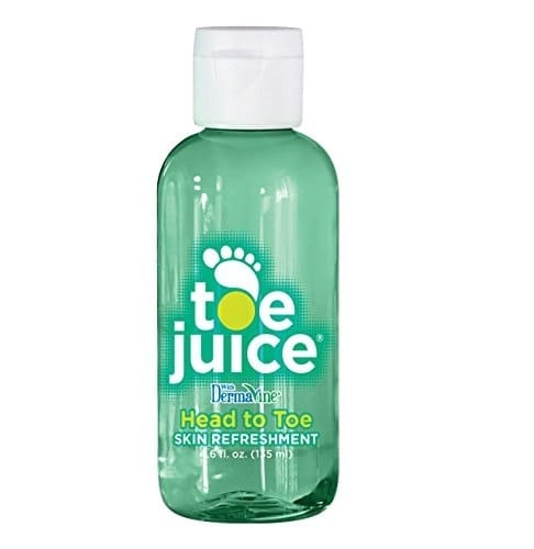Toe Juice head to toe skin treatment bottle - a teal bottle with a white cap and a white background. 